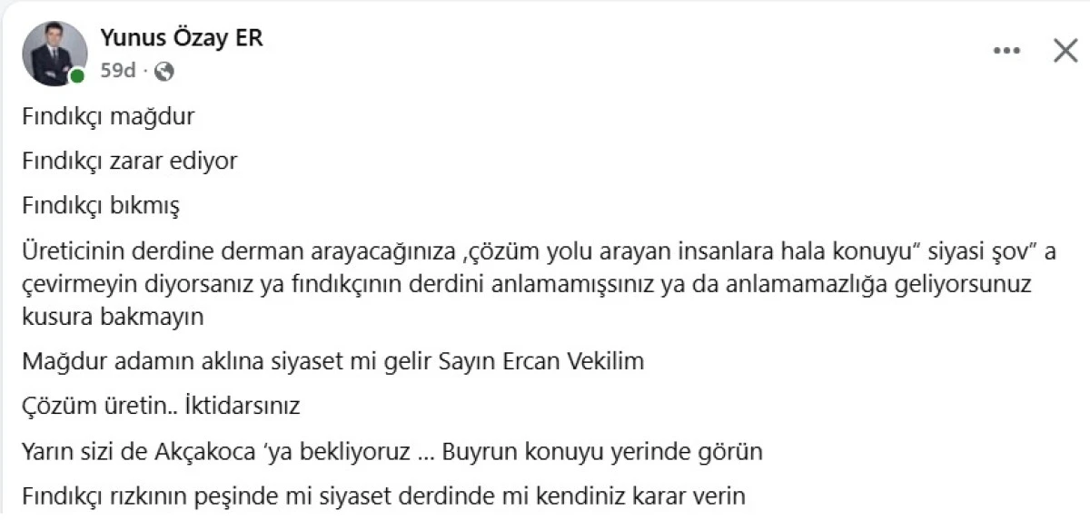 Yunus &Ouml;zay Er&rsquo;den Vekil &Ouml;zt&uuml;rk&rsquo;e Fındık Tepkisi